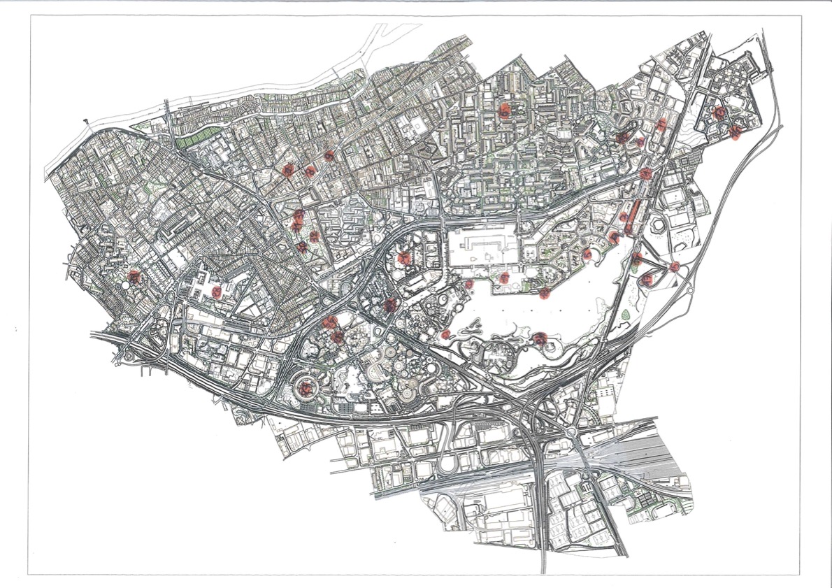 Plan de la ville de Créteil avec les emplacements des bassins.