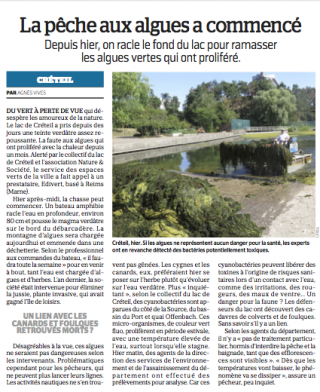 Le Parisien du 13 septembre 2016 - La pêche aux algues a commencé - Depuis hier, on racle le fond du lac pour ramasser les algues vertes qui ont proliféré.
